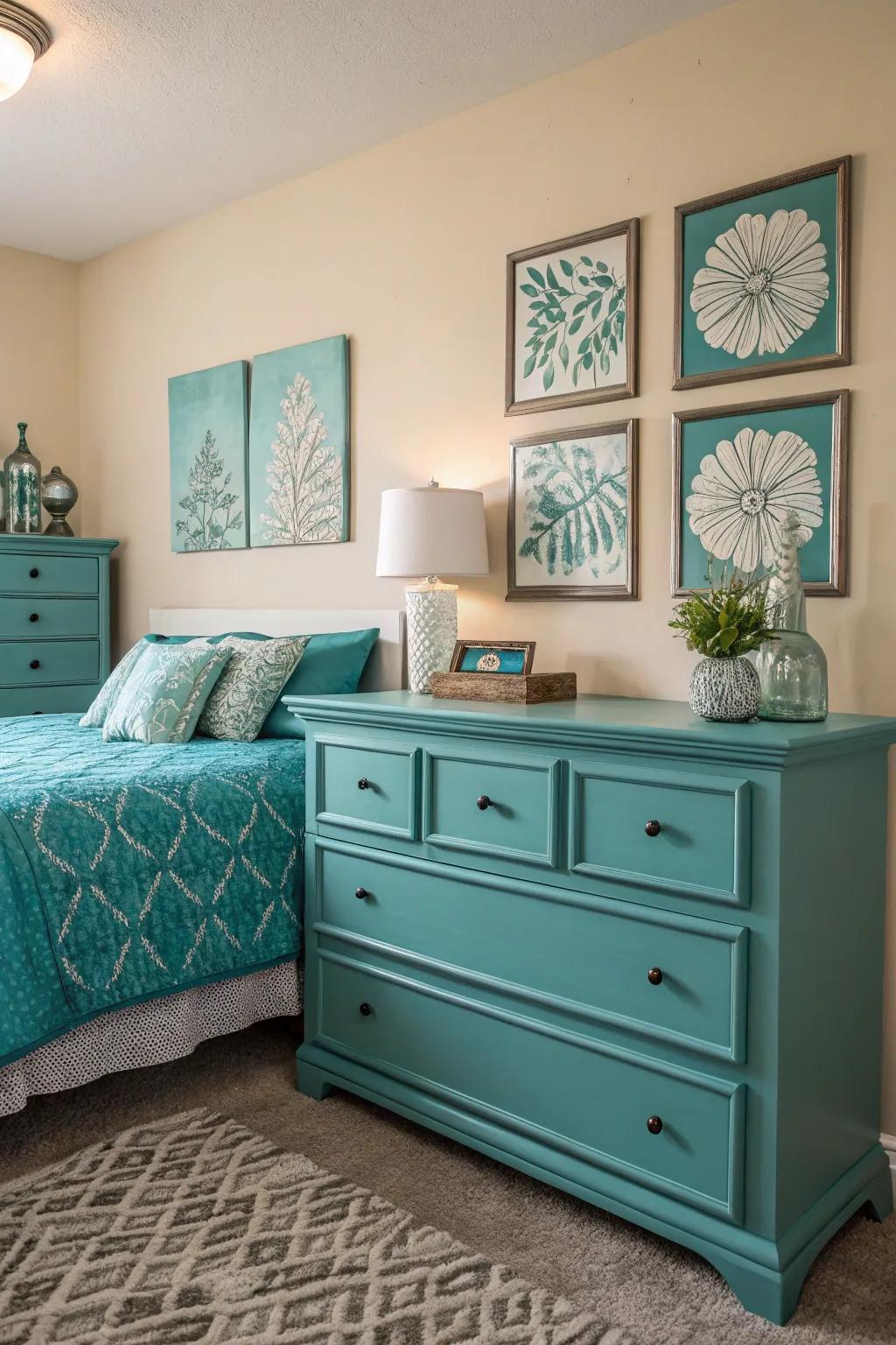 Color coordination with a teal dresser creates a cohesive and calming bedroom vibe.