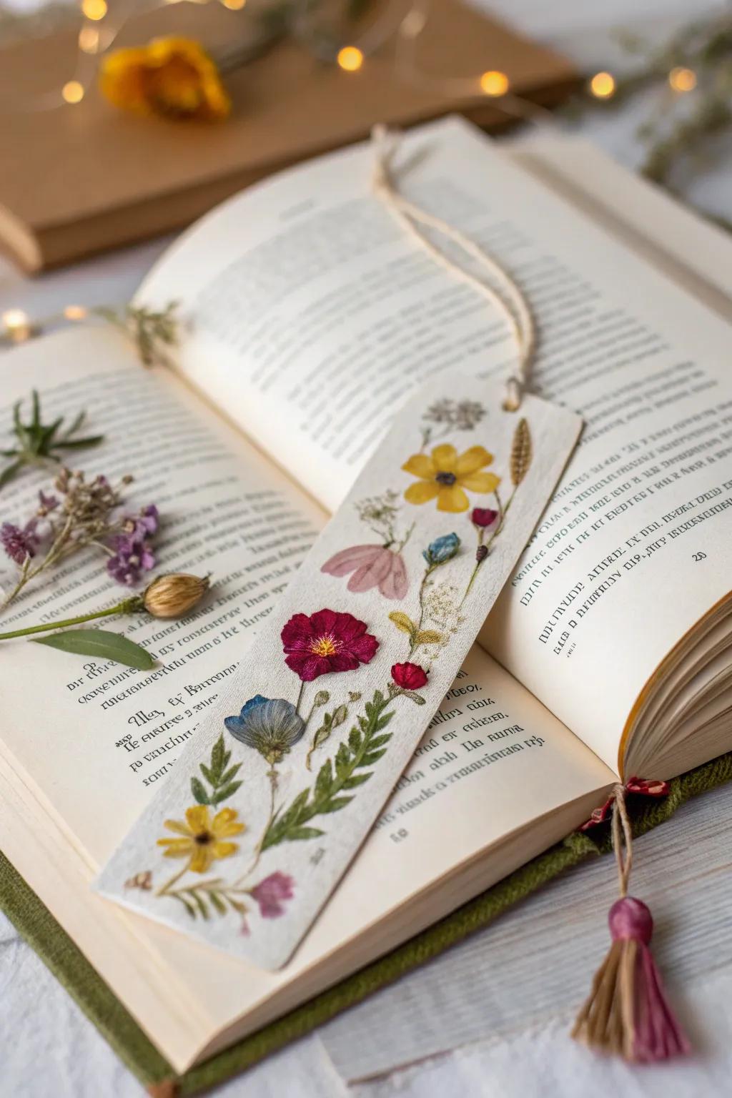 A handmade bookmark featuring pressed dried flower petals from a wedding bouquet, resting on an open book.