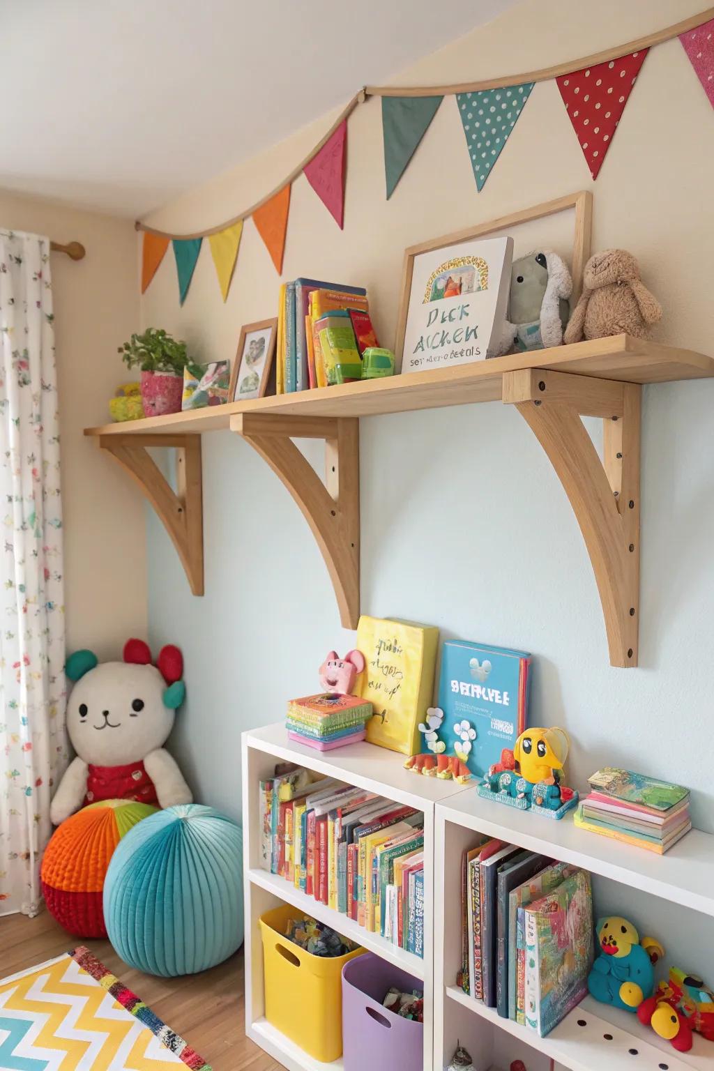 Custom-shaped wooden shelf brackets add a playful touch to this room.