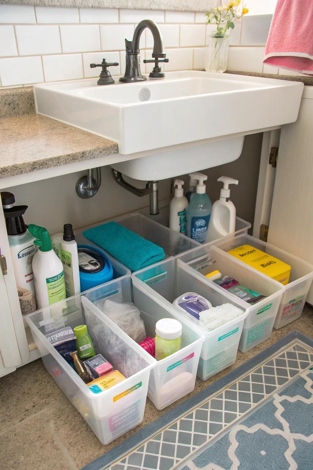 An under-sink area in the bathroom organized with clear bins for cleaning supplies.