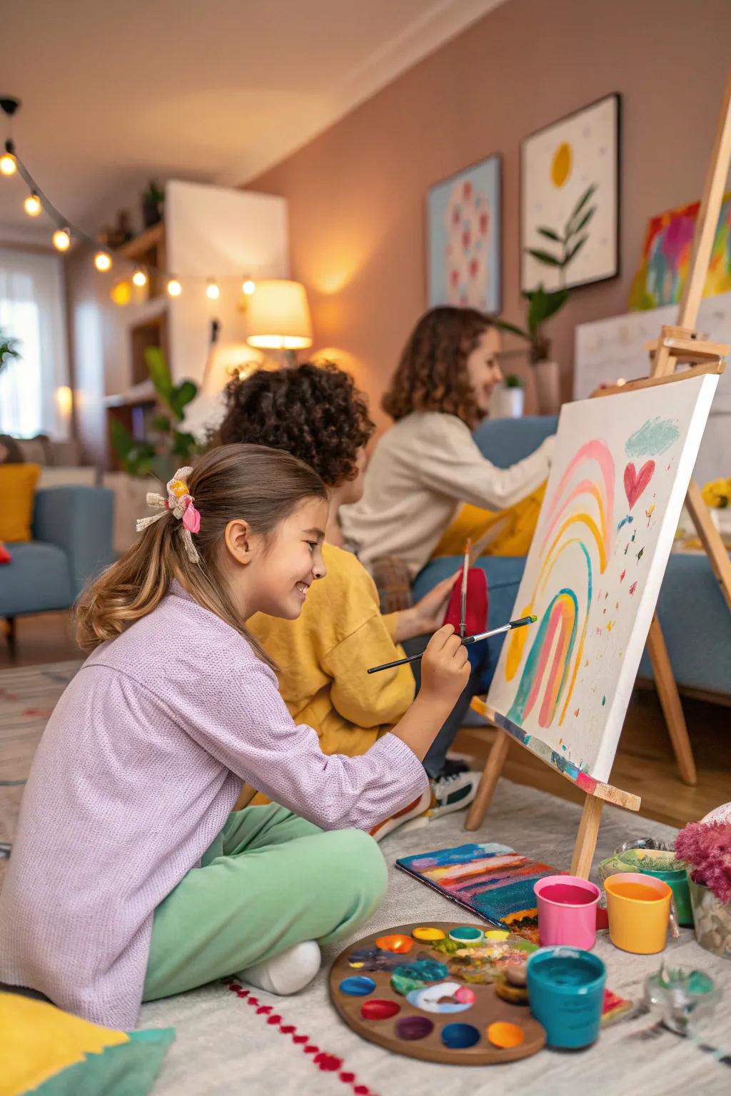 Kids immersed in creativity at an art studio birthday party.