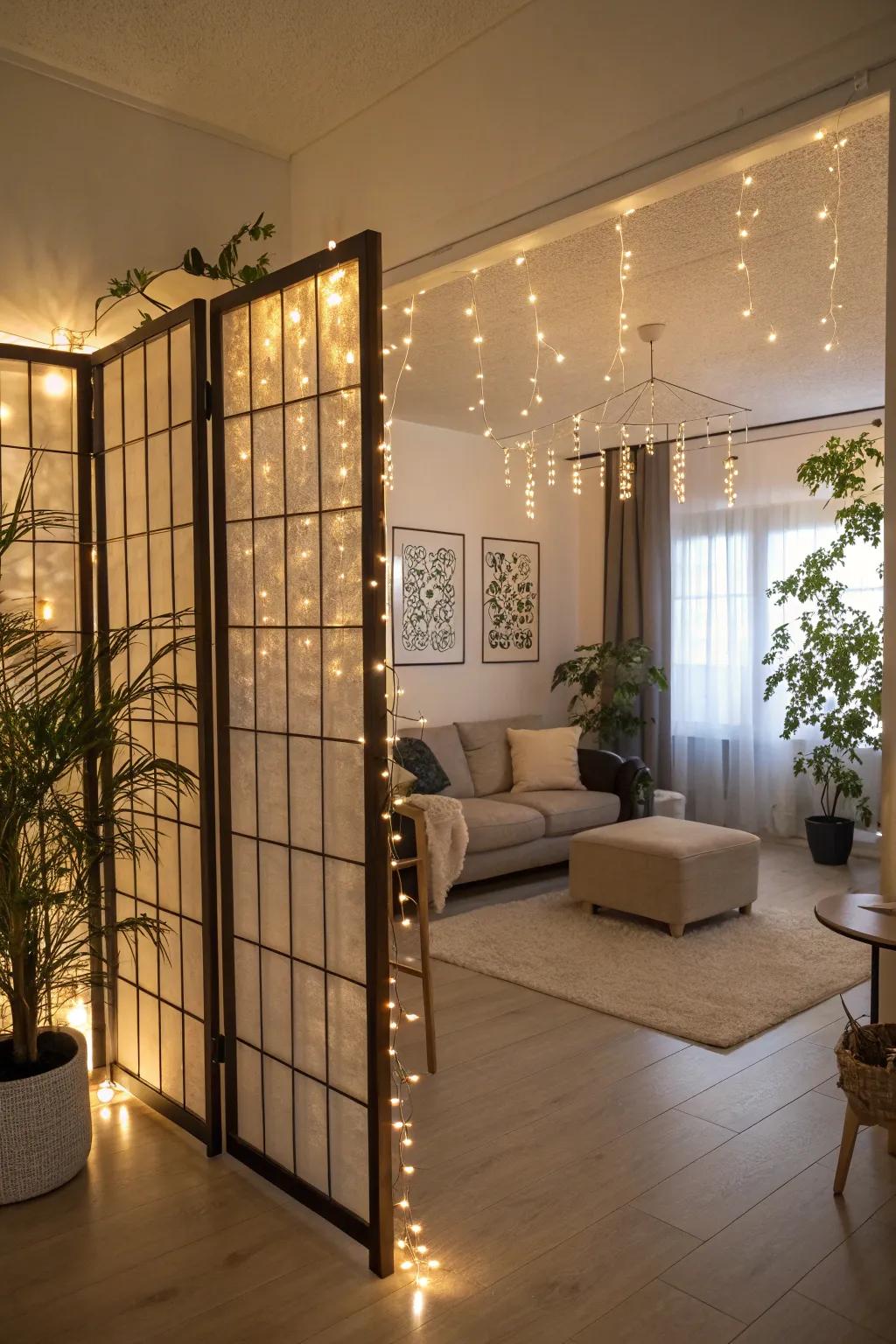 Outline room dividers with string lights for subtle elegance.