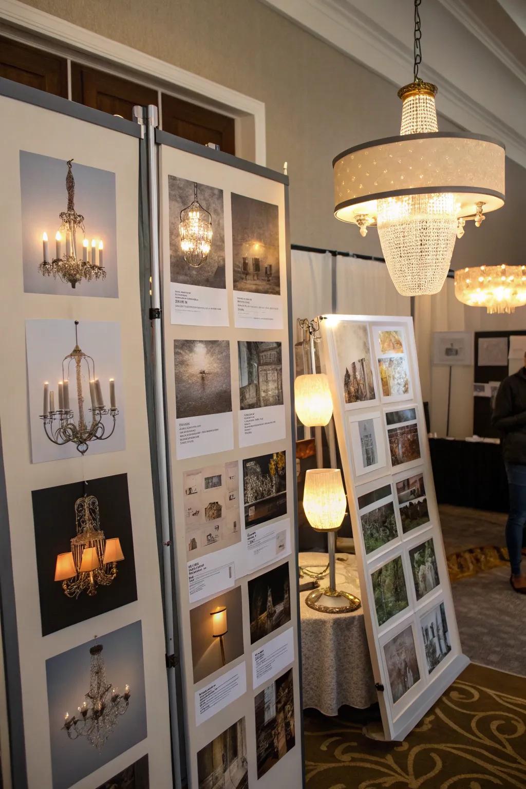 An inspiration board showcasing various lighting images such as lamps and chandeliers.