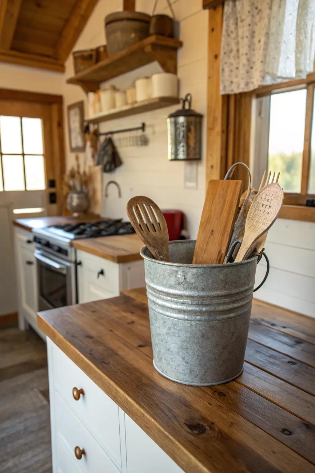 A galvanized bucket serves as a practical utensil holder in the kitchen.