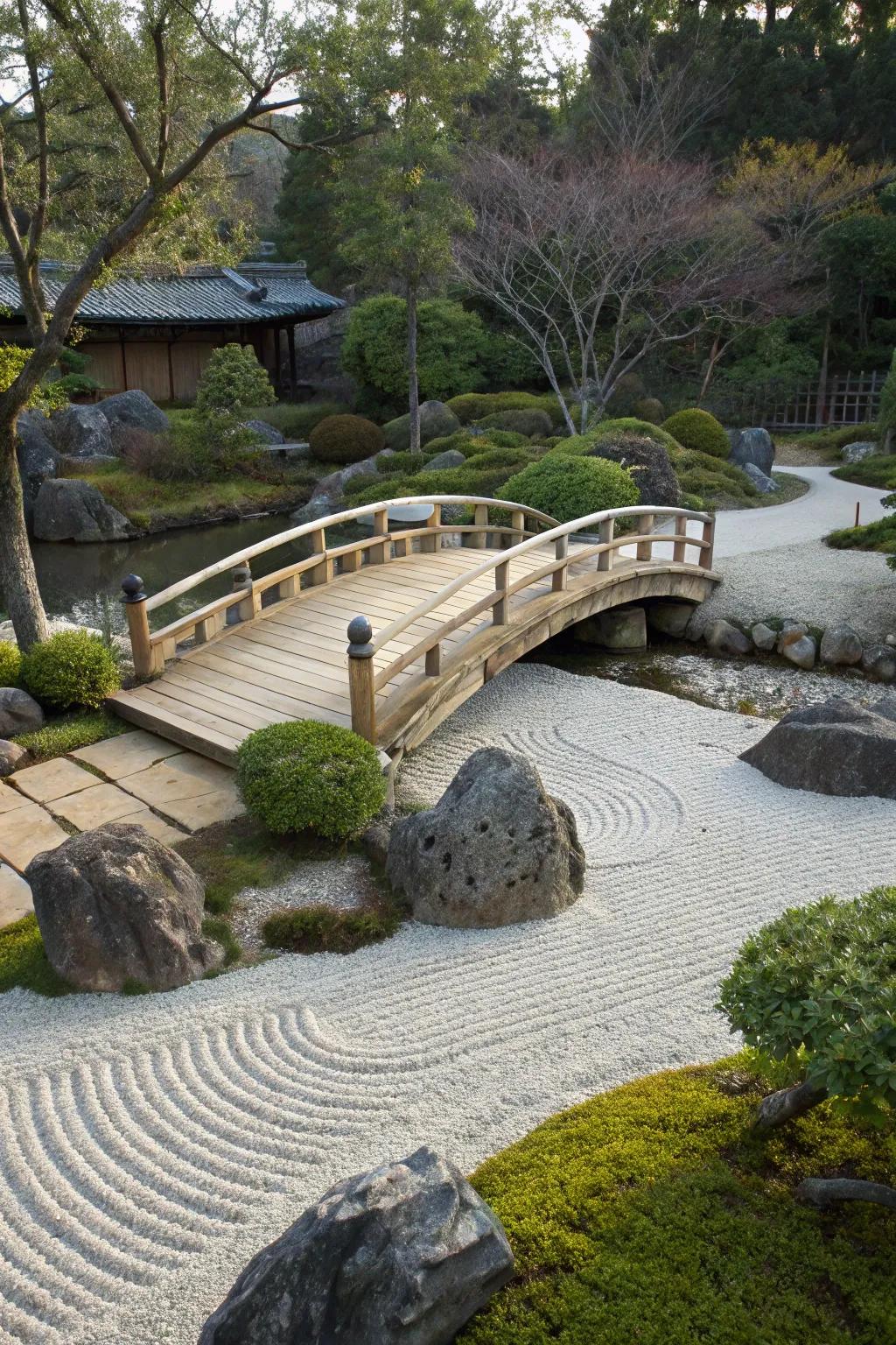 Charming wooden bridge in a tranquil zen garden.