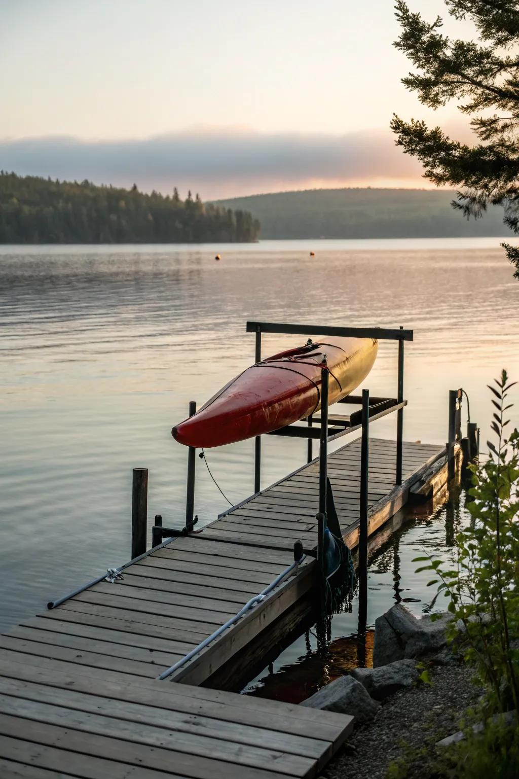 A picturesque kayak dock rack by the water.