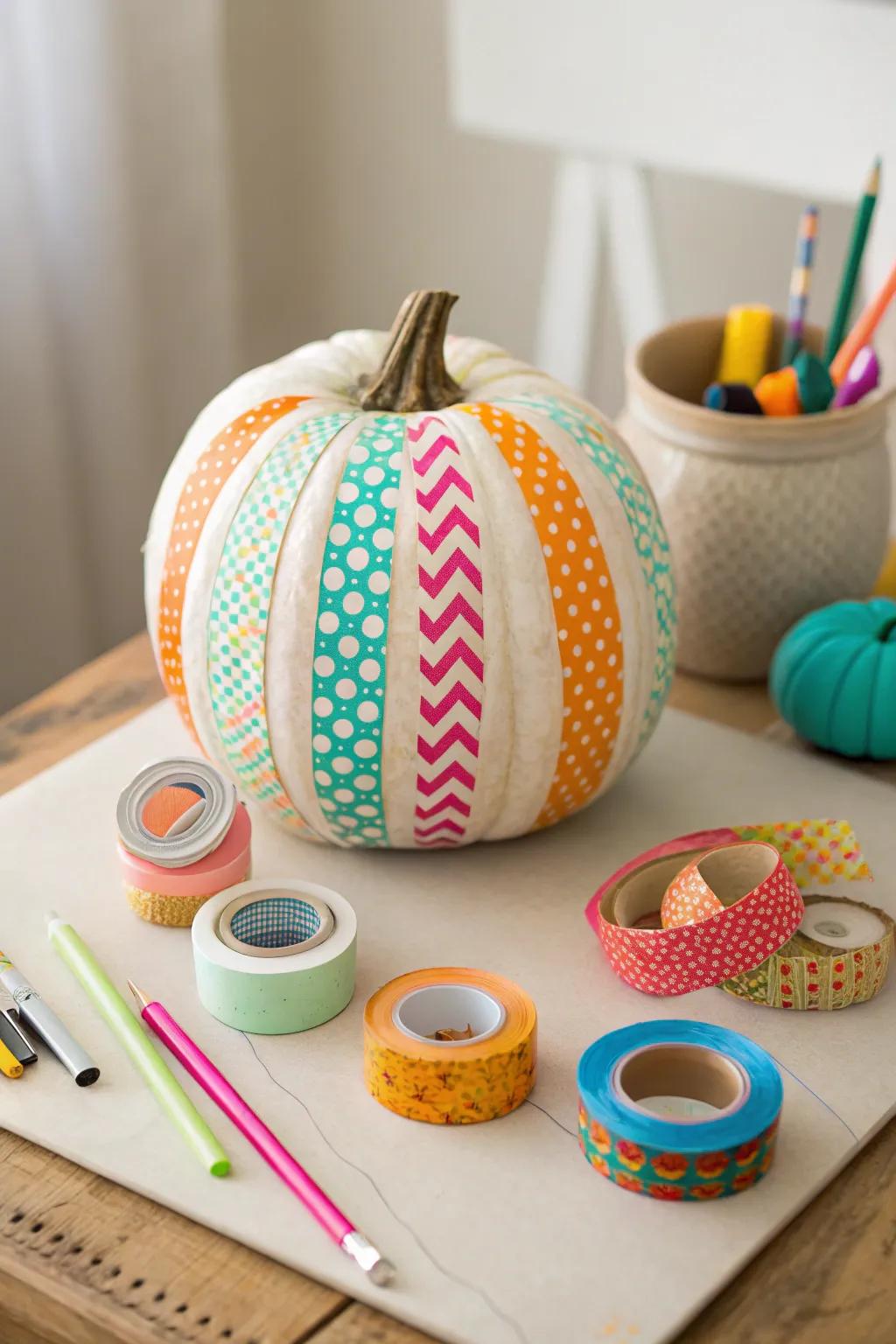 Washi tape turns a plain pumpkin into a colorful decoration.