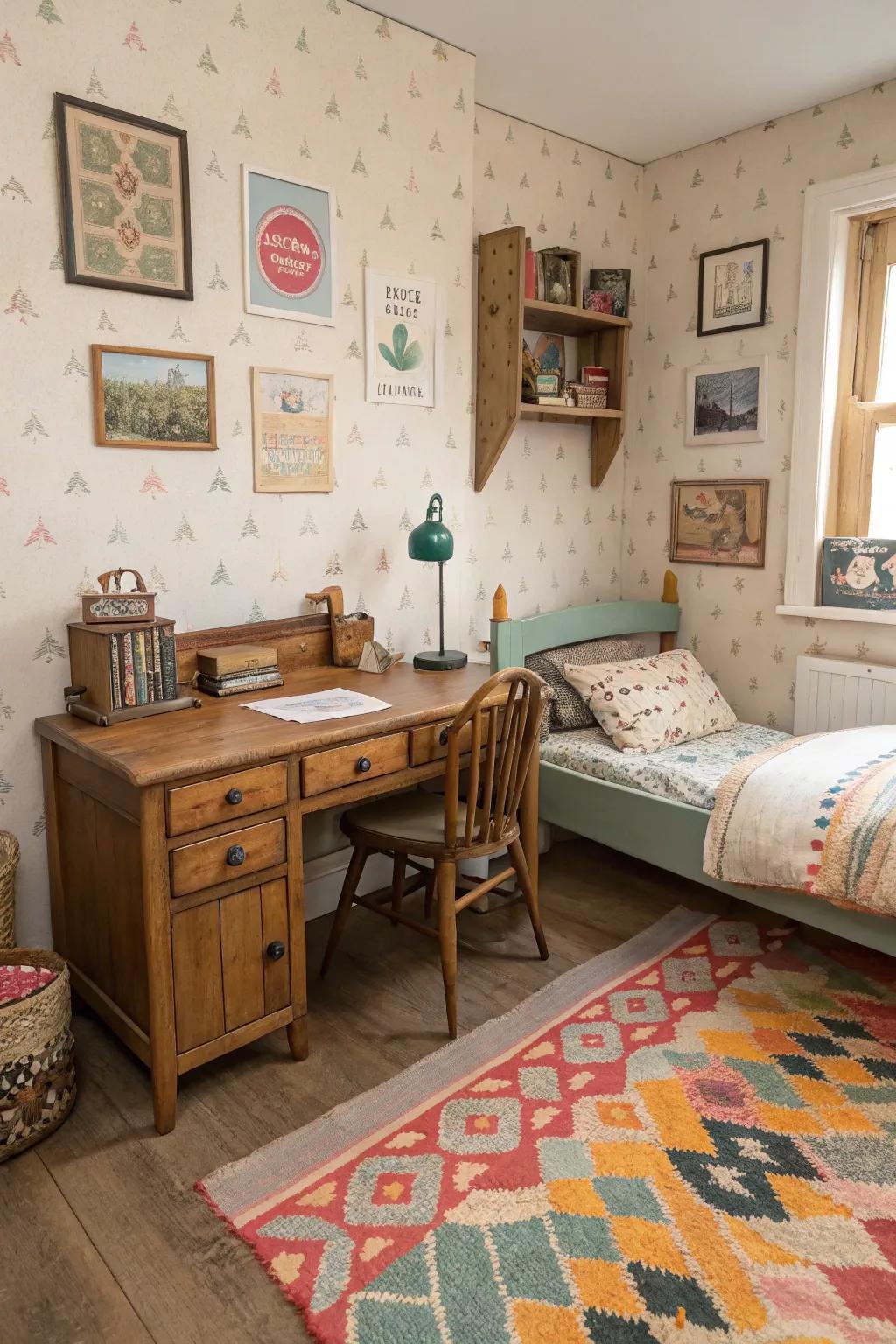 A bedroom filled with upcycled vintage pieces, adding charm and sustainability.