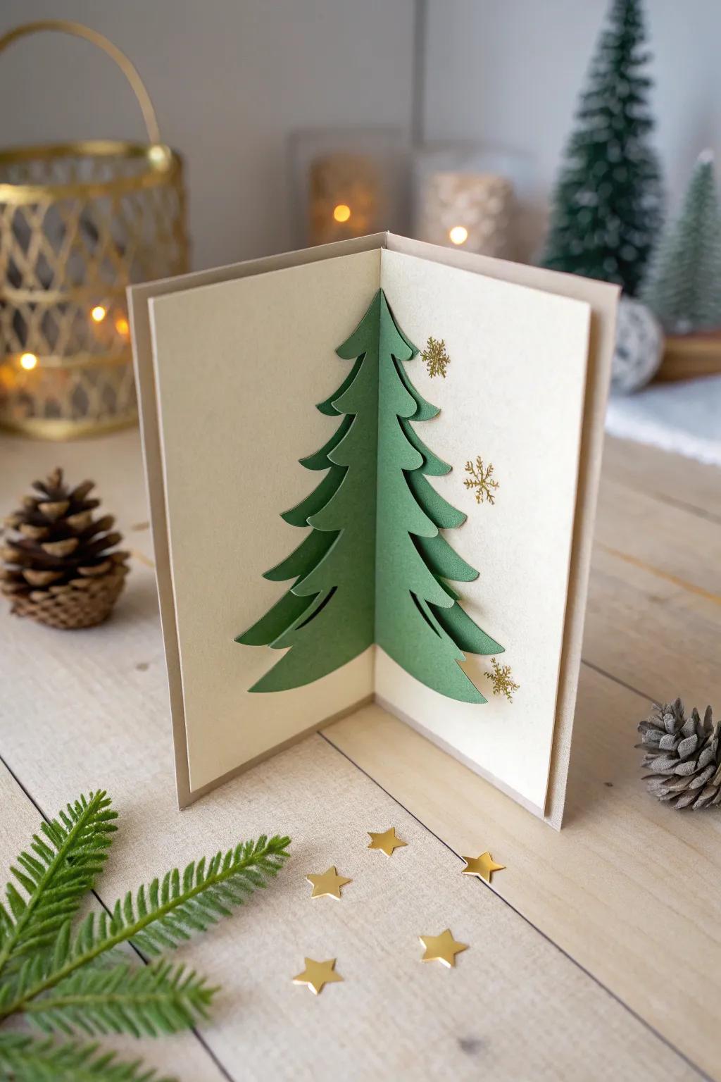 Delight in the simplicity and surprise of a handmade pop-up Christmas tree card, perfect for spreading holiday cheer.