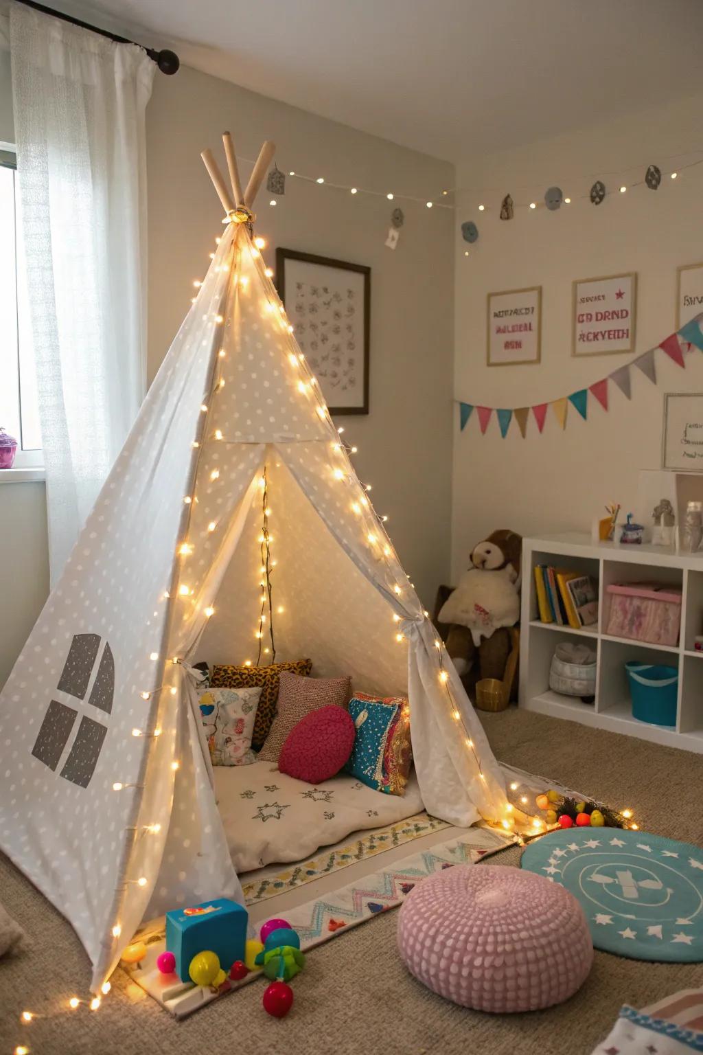 A teepee offers a cozy retreat for kids' imaginative adventures.