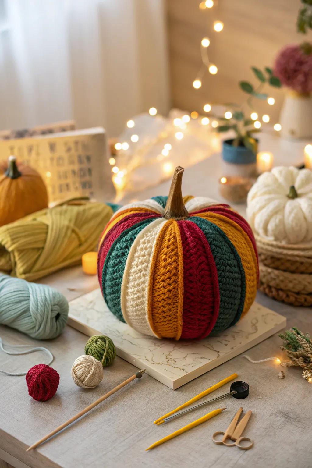 A yarn-wrapped pumpkin, adding warmth and texture to the seasonal decor.