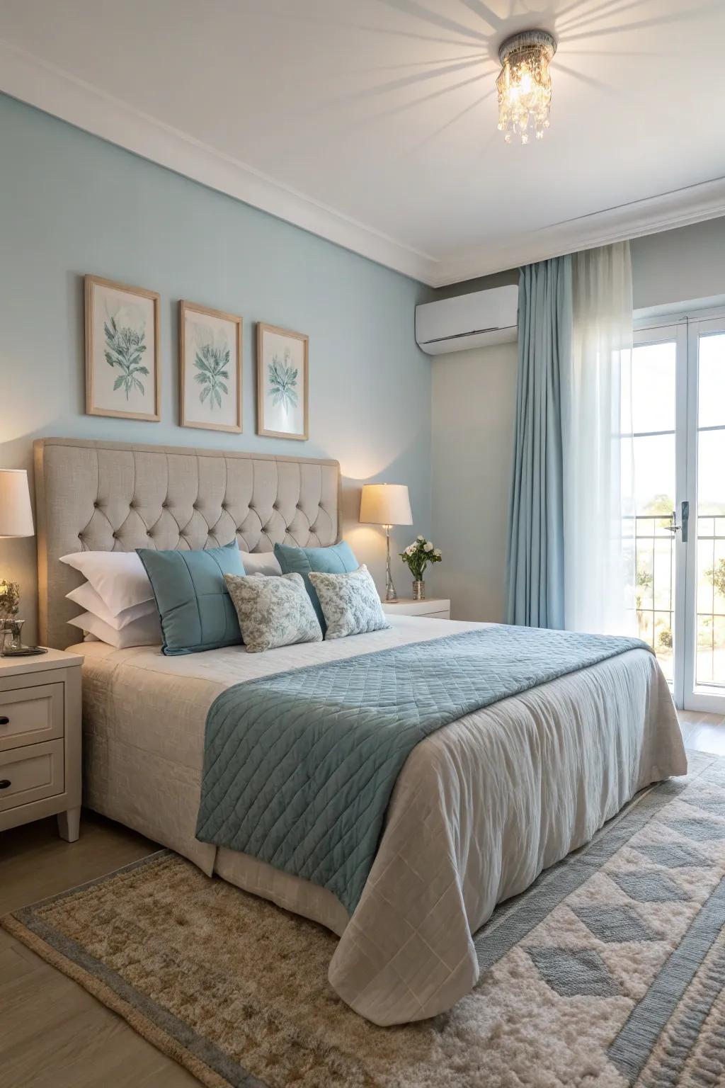 A calming color palette creates a restful atmosphere around this king bed.