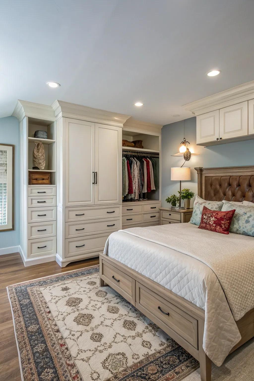 Smart storage solutions help maintain a clean and organized bedroom.