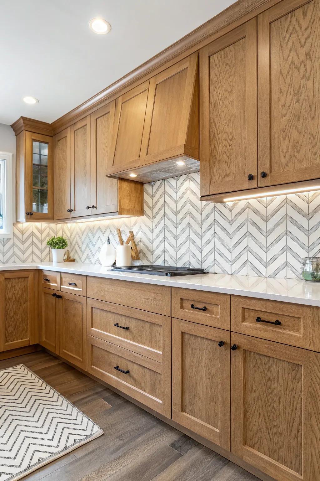 Chevron pattern tiles adding a modern twist to the kitchen.