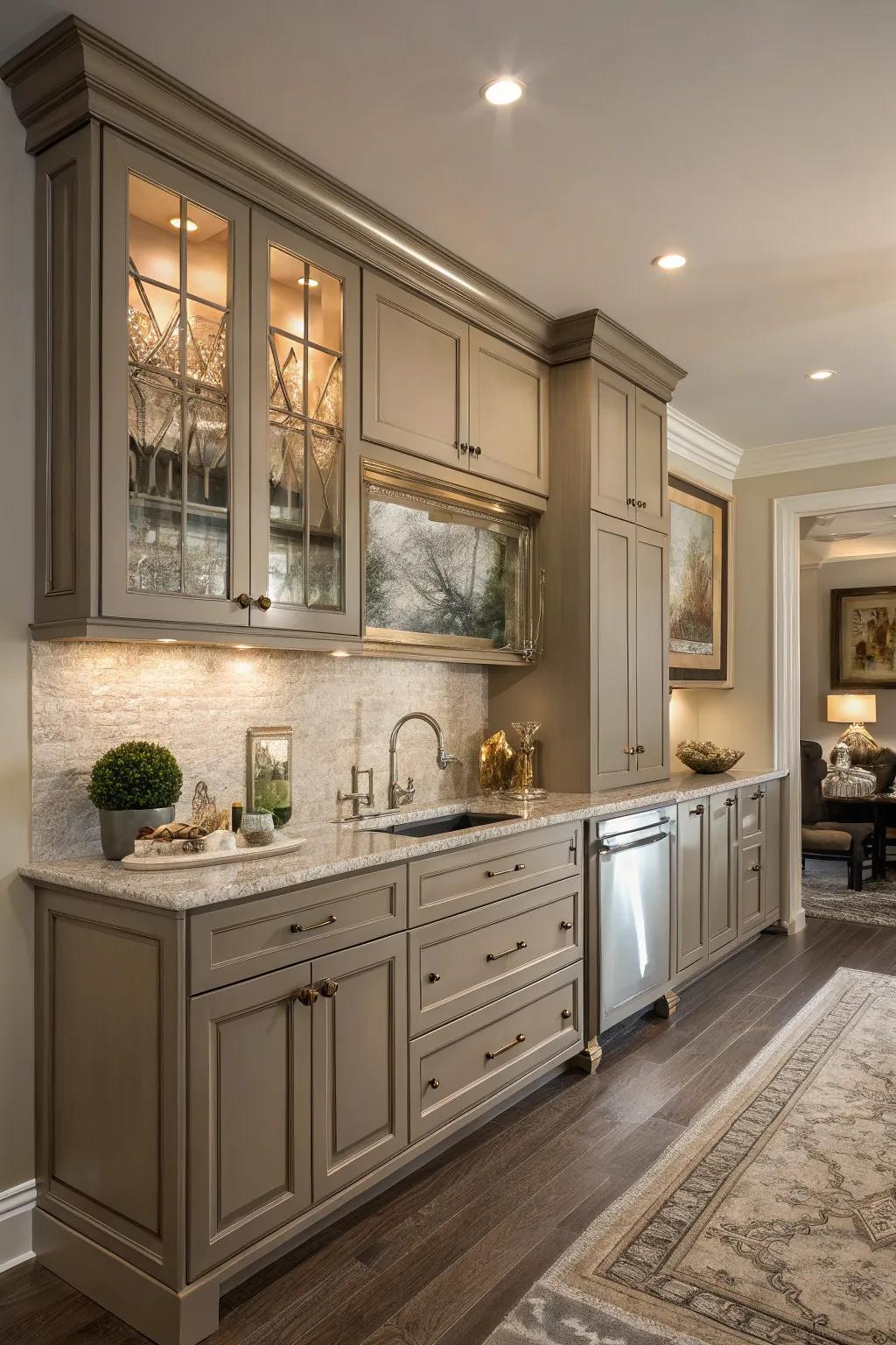 Timeless taupe cabinets provide understated elegance.