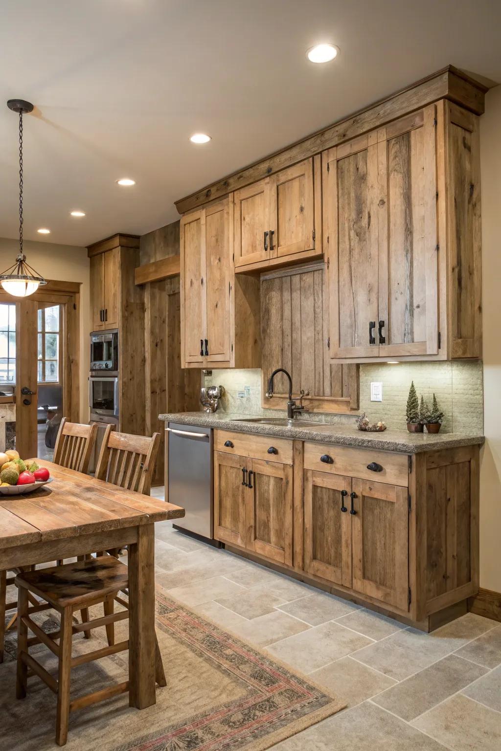 Reclaimed wood cabinets bring rustic charm and eco-friendly appeal.