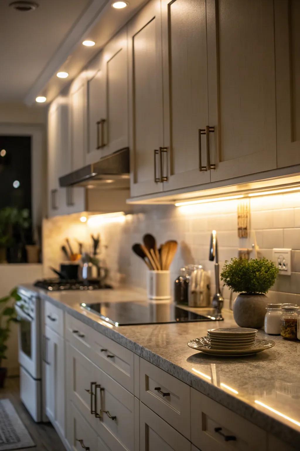 Dimmable lights allow for customizable kitchen lighting ambiance.