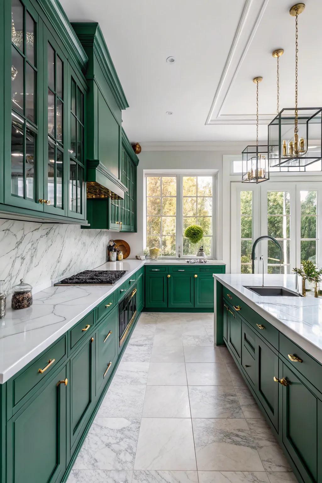 Rich jewel tones and marble create an opulent kitchen atmosphere.