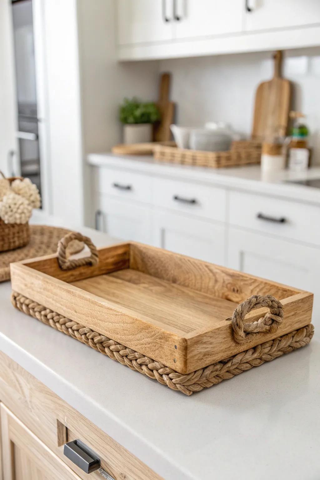Embrace simplicity and warmth with a handcrafted rustic wooden tray, the perfect blend of Scandinavian minimalism and boho charm for your kitchen.