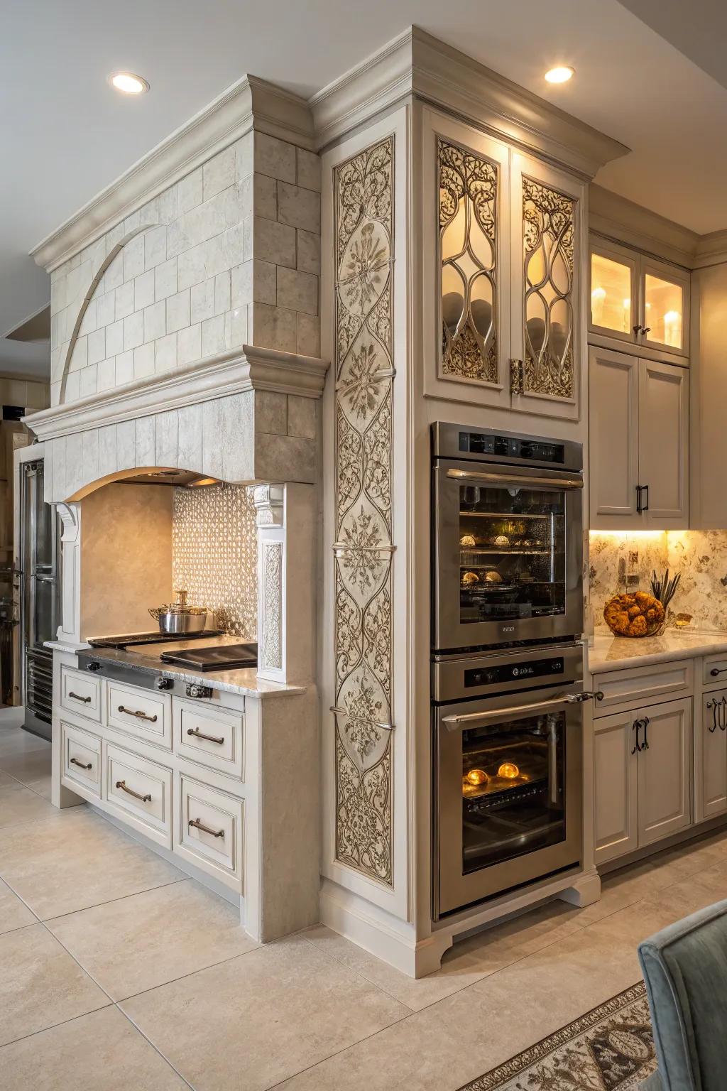 A custom nook elegantly housing double ovens, adding a bespoke touch.