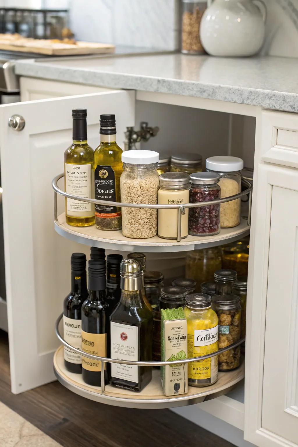 Lazy Susans offer easy access to oils and spices in cabinets.