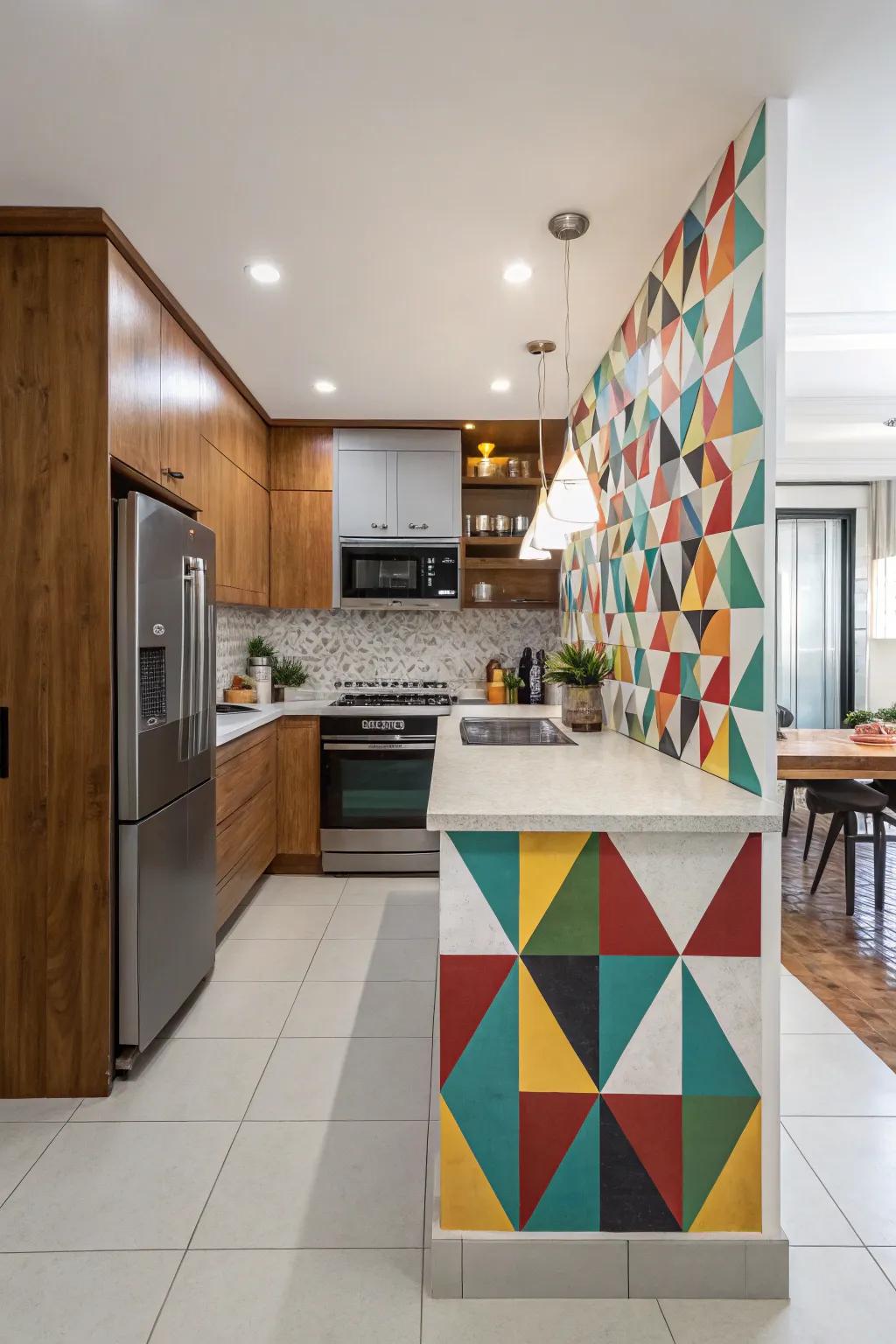 A painted accent wall adds personality to the kitchen.