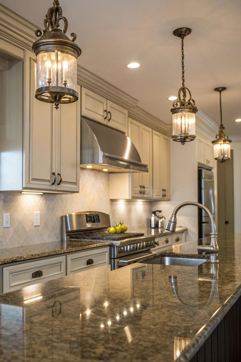 Modern metallic sconces add a touch of shine to any kitchen.