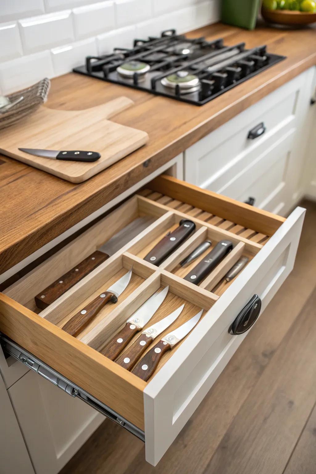 A drawer organizer that keeps your knives neatly stored.