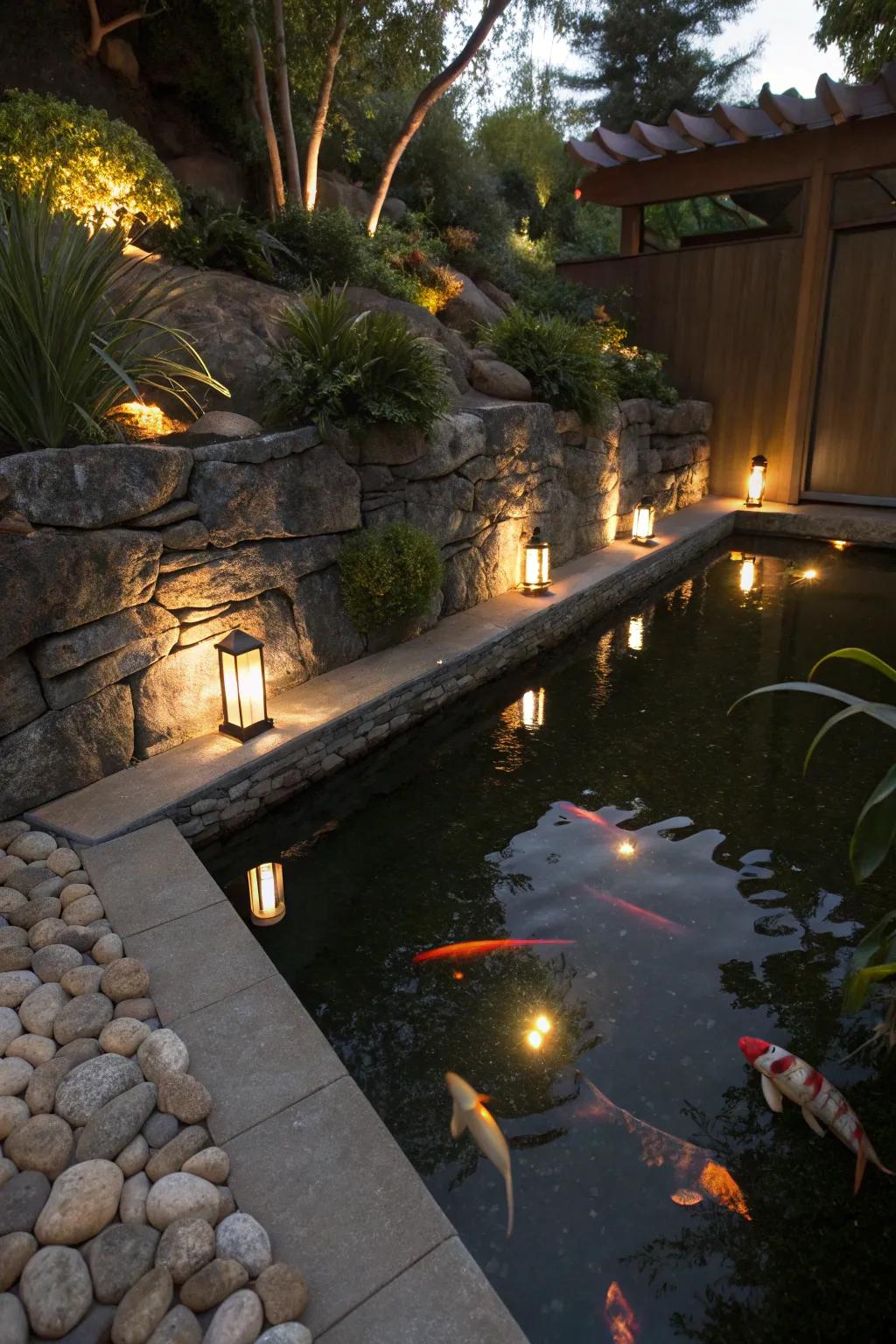 Recessed lights blend seamlessly with the pond's architecture.