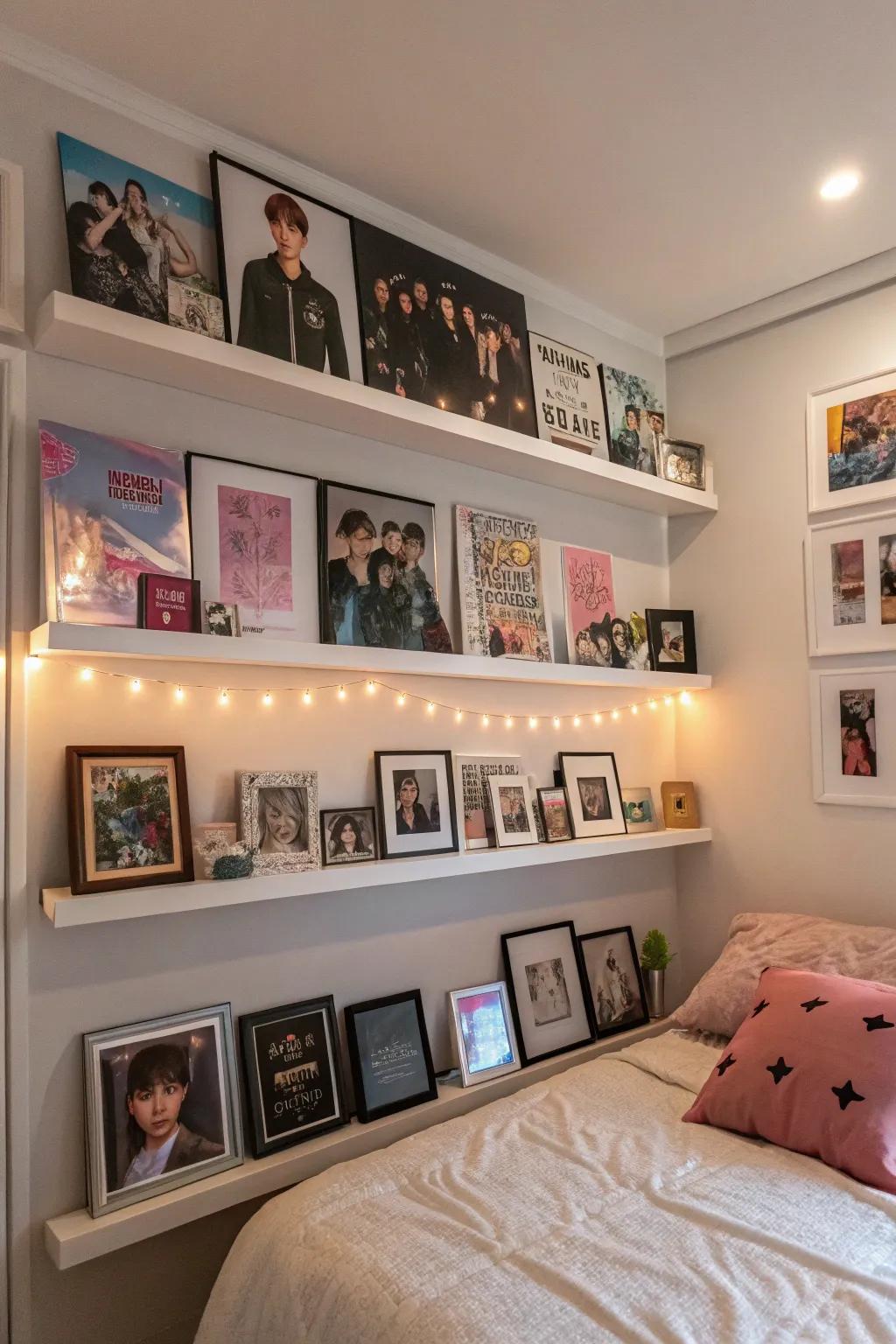 Floating shelves offer stylish storage for your Kpop items.