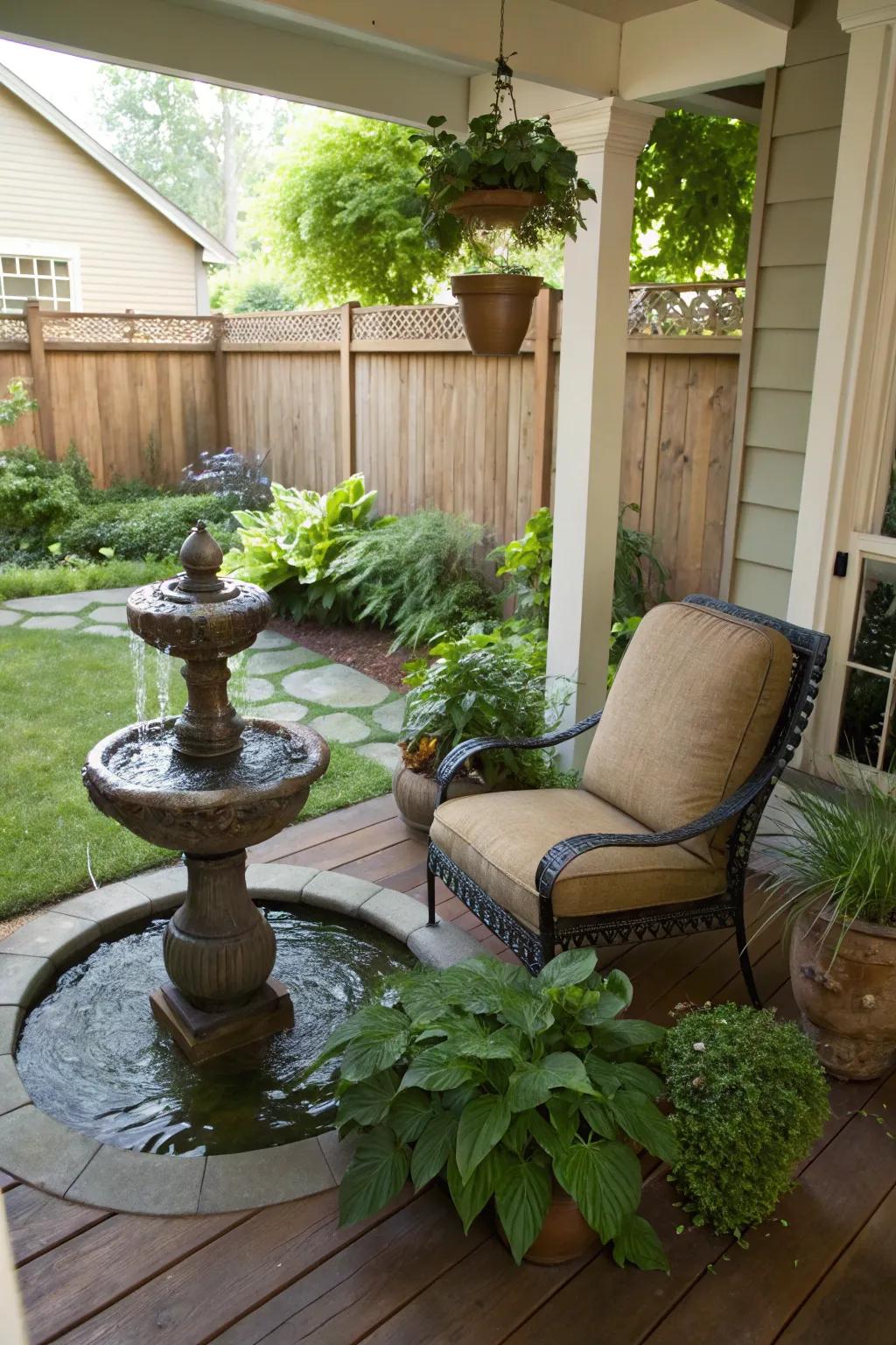 A calming water feature enhances the porch ambiance.