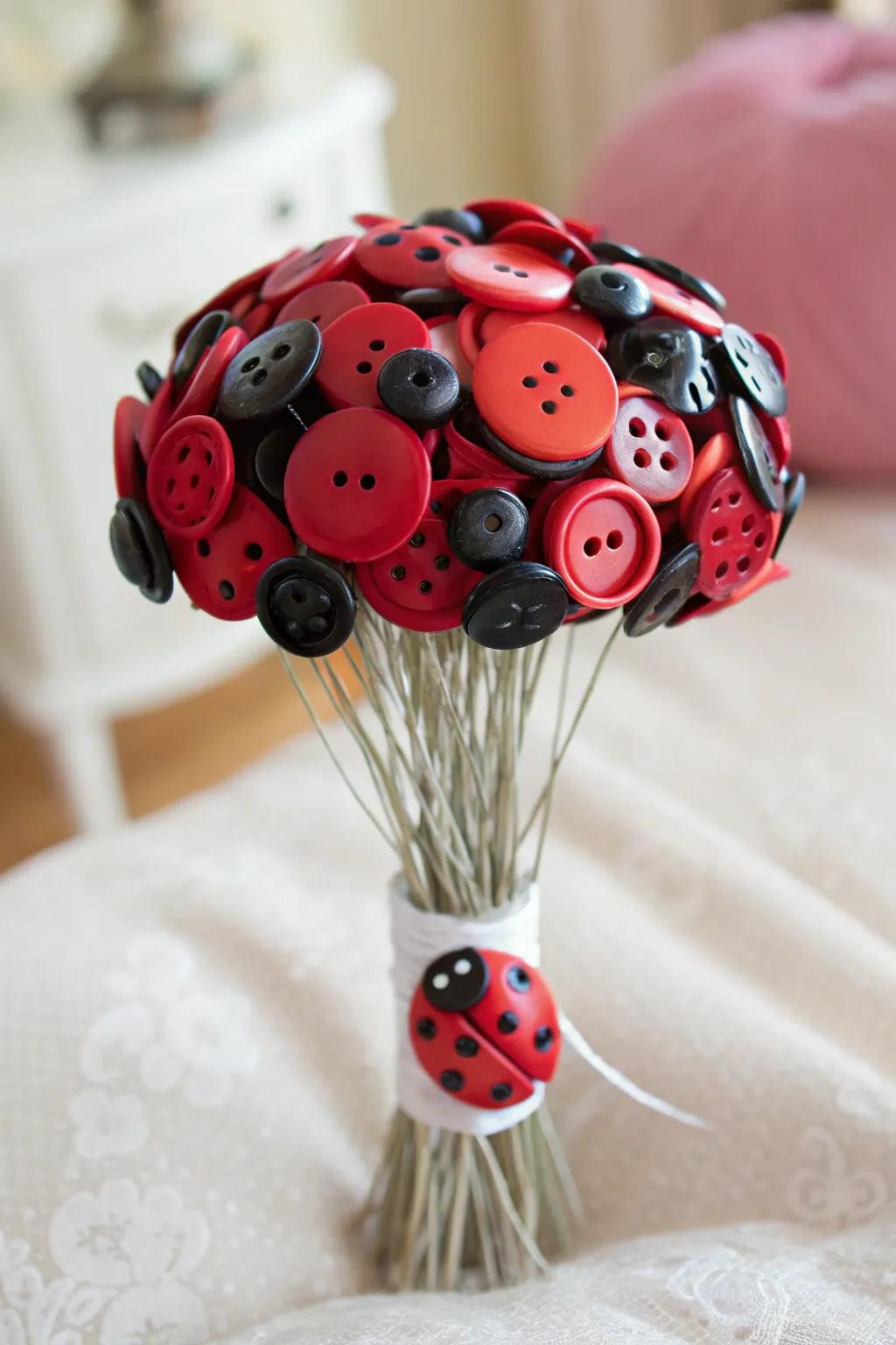 Crafted with charm: A ladybug button bouquet that blossoms with creativity and elegance.