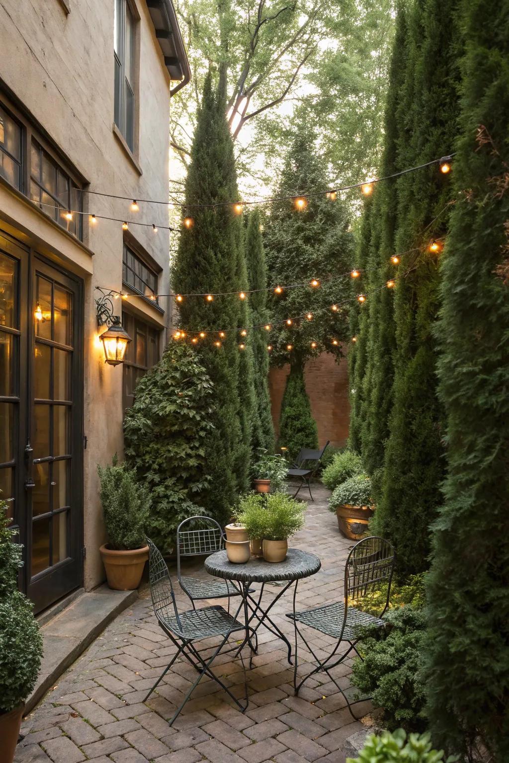 Arborvitae enclosing a courtyard, offering privacy and charm.