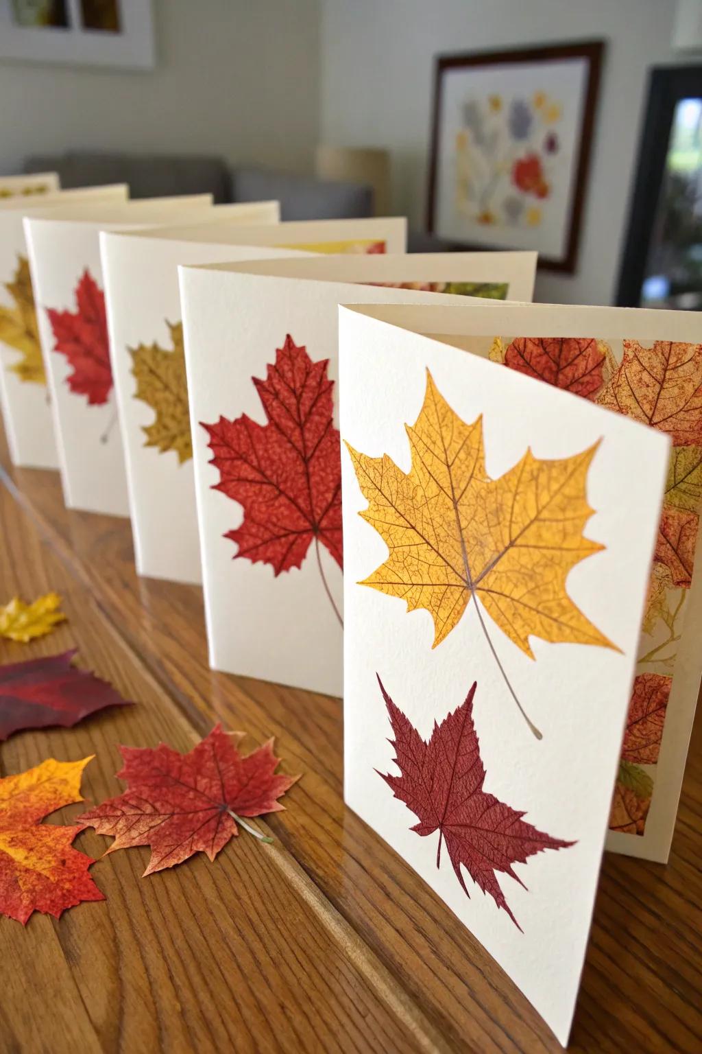 Handmade greeting cards infused with the beauty of autumn leaves.