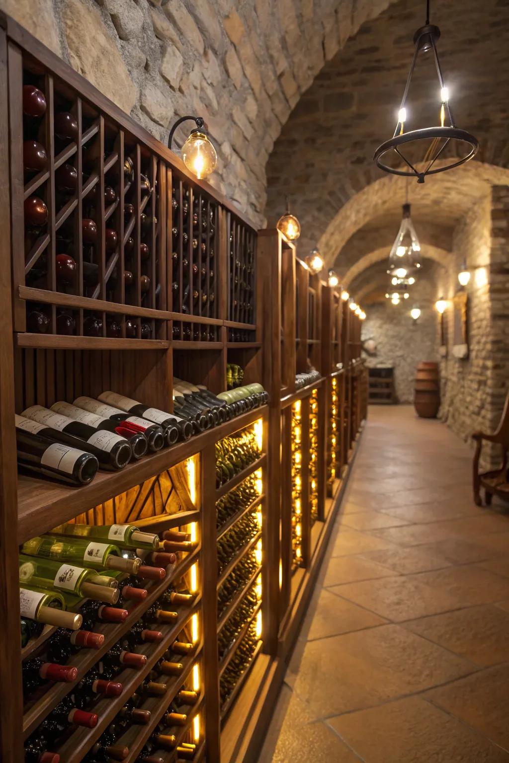 LED lighting adds elegance and focus to wine collections.