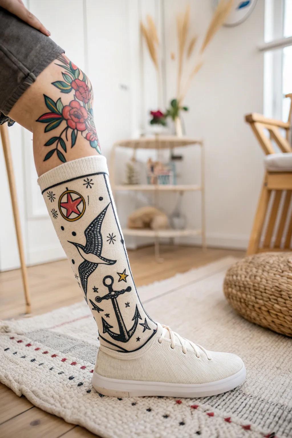 Timeless elegance meets edgy charm with vintage tattoo art on your leg cast.