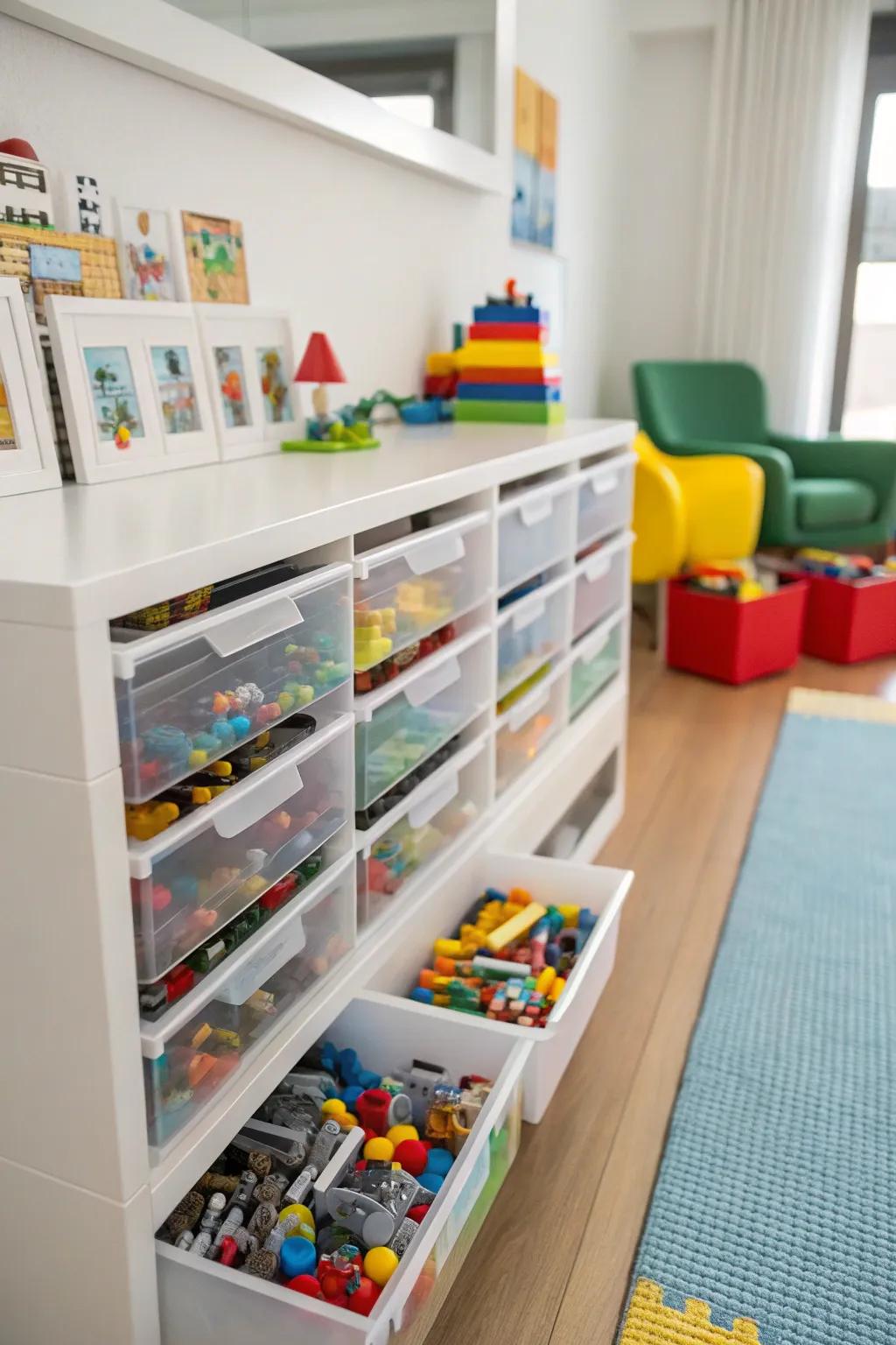 Efficient Lego storage with wall-mounted drawers.