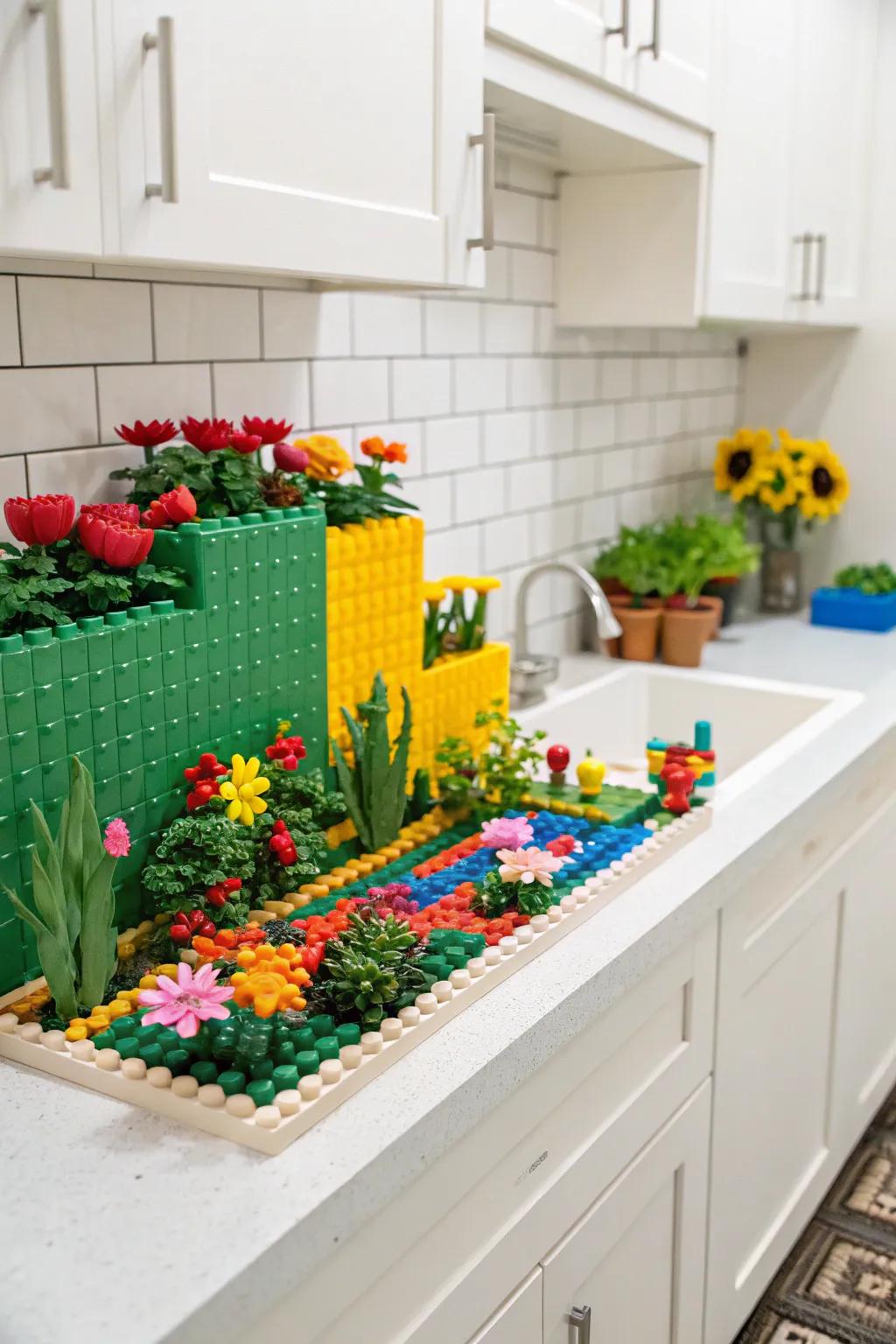 A LEGO garden wall brings a touch of nature to this kitchen.