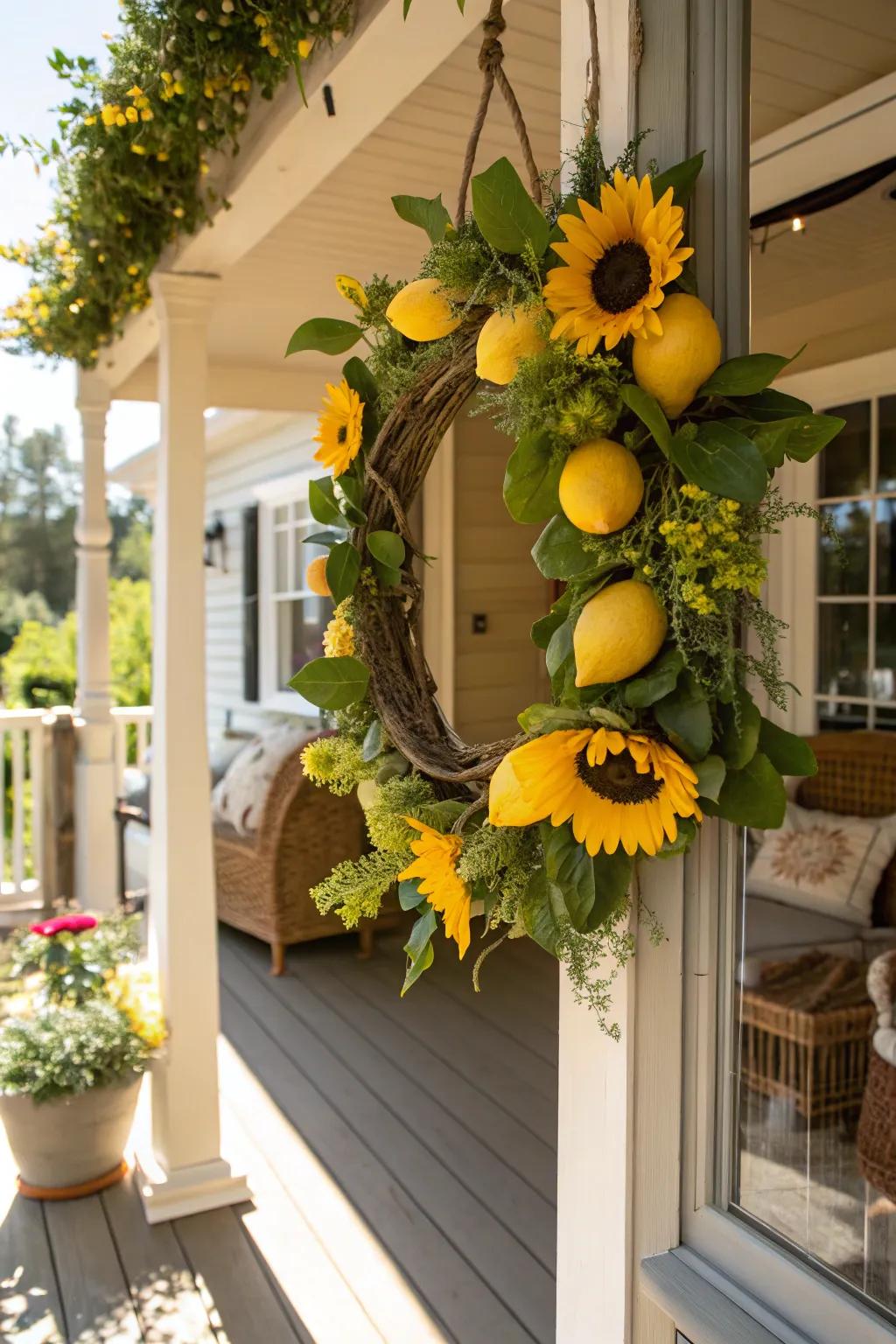 A cheerful lemon and sunflower wreath for a sunny vibe.