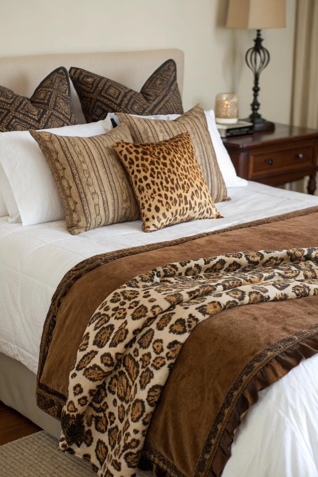 Leopard print bedding accents add a stylish touch without overwhelming the decor.