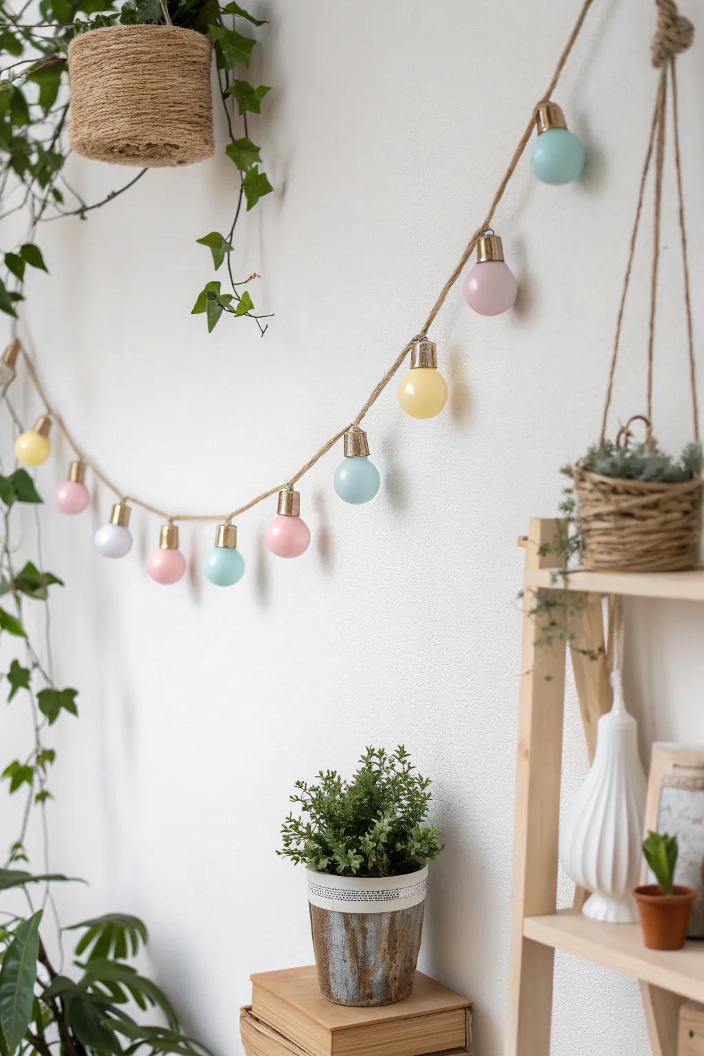 Illuminate your celebrations with a charming light bulb garland, embracing simplicity and natural elegance.