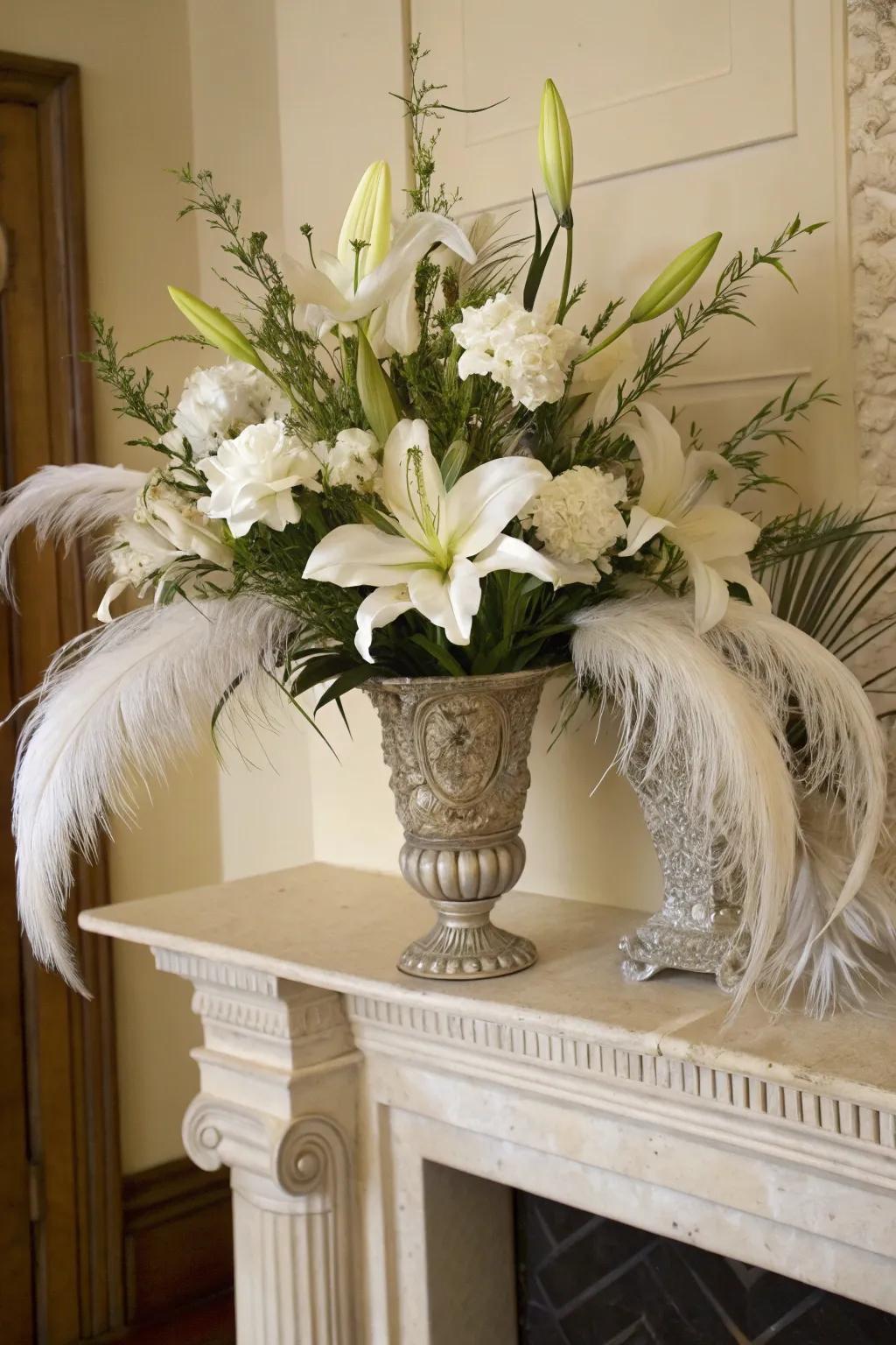 Sophisticated elegance with lilies and feathers.