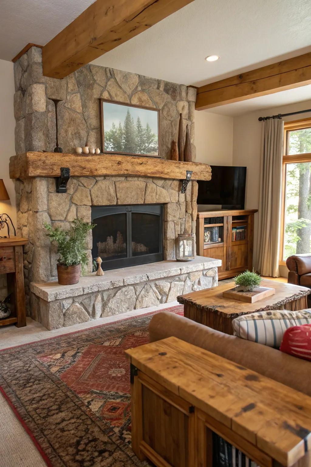 A rustic living room featuring a bark face live edge mantel with natural textures.