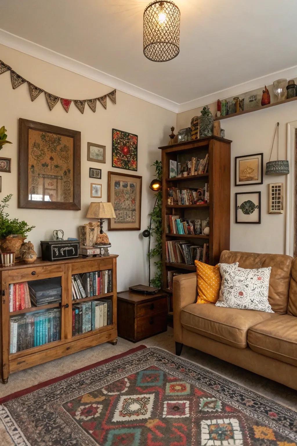 A living room enriched with decor that reflects personal interests and stories.