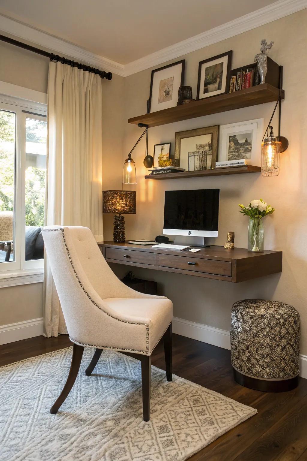 A modern nook with a sleek floating desk for a streamlined workspace.