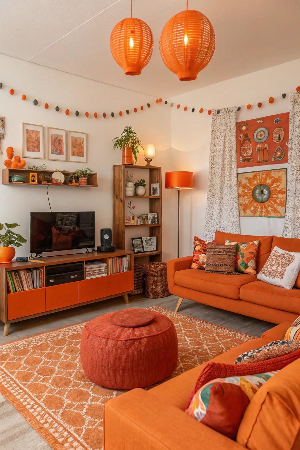 Lively oranges inject energy and warmth, creating a dynamic living room.