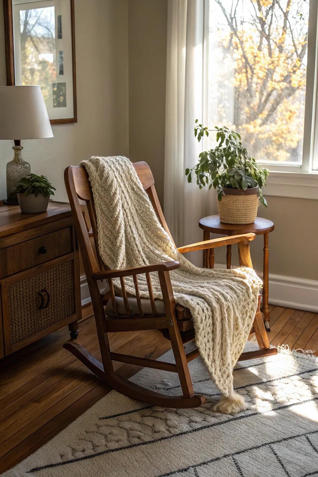 A rocking chair adds charm and movement to the living room.