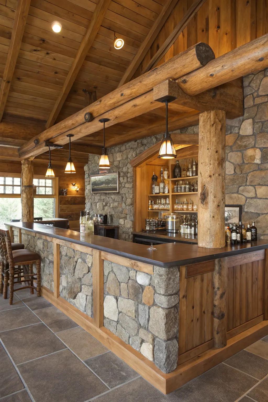 Stone detailing adds texture and elegance to this log cabin bar.