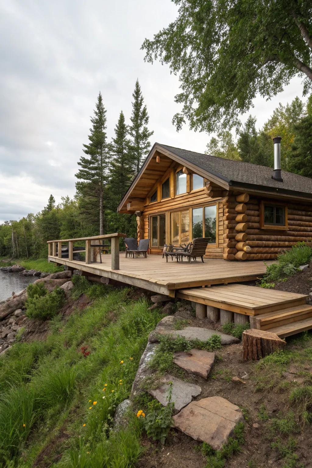 A modern floating deck adds flair to a log cabin.