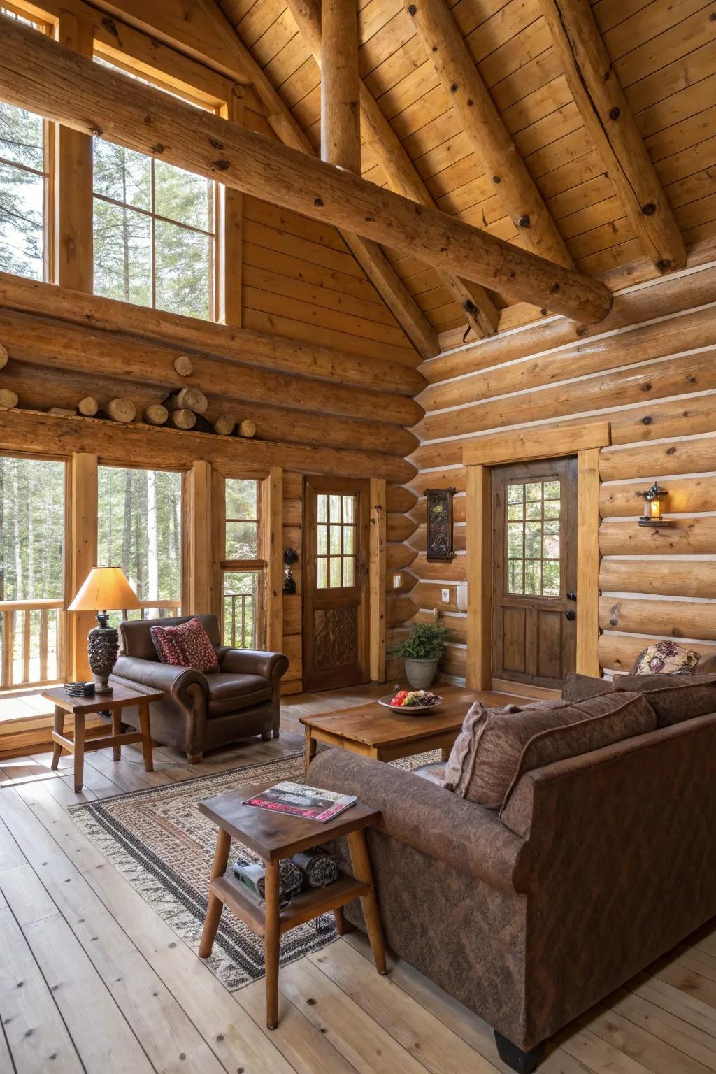 Mixed wood tones create a harmonious and unified log cabin interior.